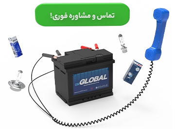 یک باتری ماشین که با سیم تلفن به گوشی وصل است و چند لامپ خودرو در اطراف آن